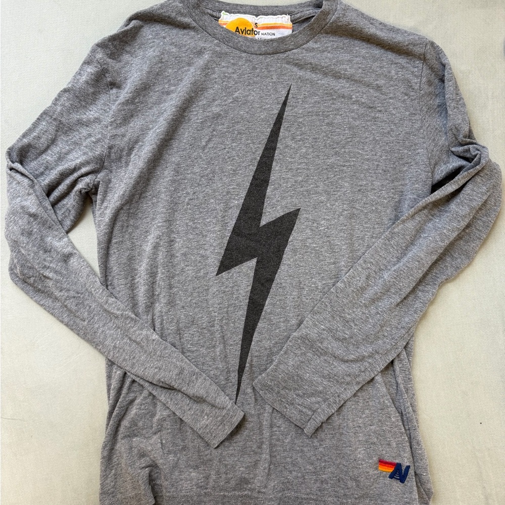 Aviator Nation Gray Long Sleeve Tee with Black Lightning Bolt